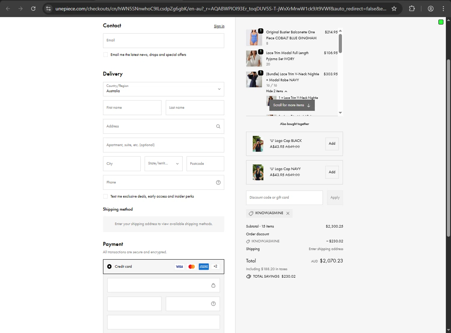 Une Piece discount code screenshot showing code IKNOWJASMINE applied at Une Piece checkout page. Uploaded by SimplyCodes community member QuestScholar1789 on Nov 19, 2025