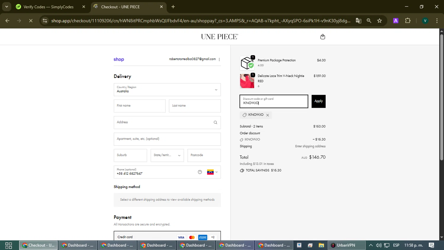 Une Piece checkout page showing Une Piece discount code box | Screenshot taken by SimplyCodes community member on Feb 13, 2026