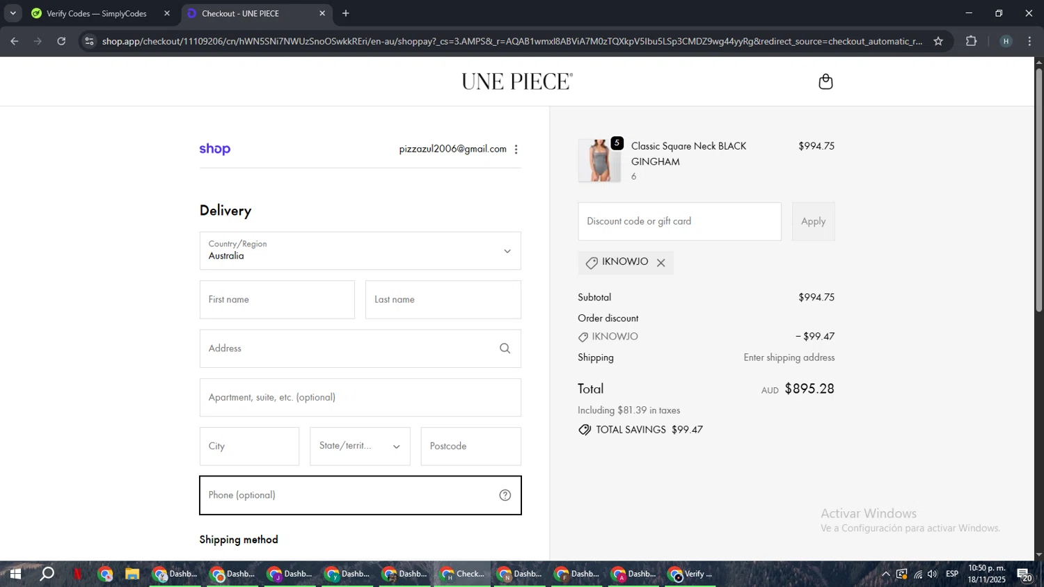 Une Piece discount code screenshot showing code IKNOWJO applied at Une Piece checkout page. Uploaded by SimplyCodes community member YAMAHA on Nov 19, 2025