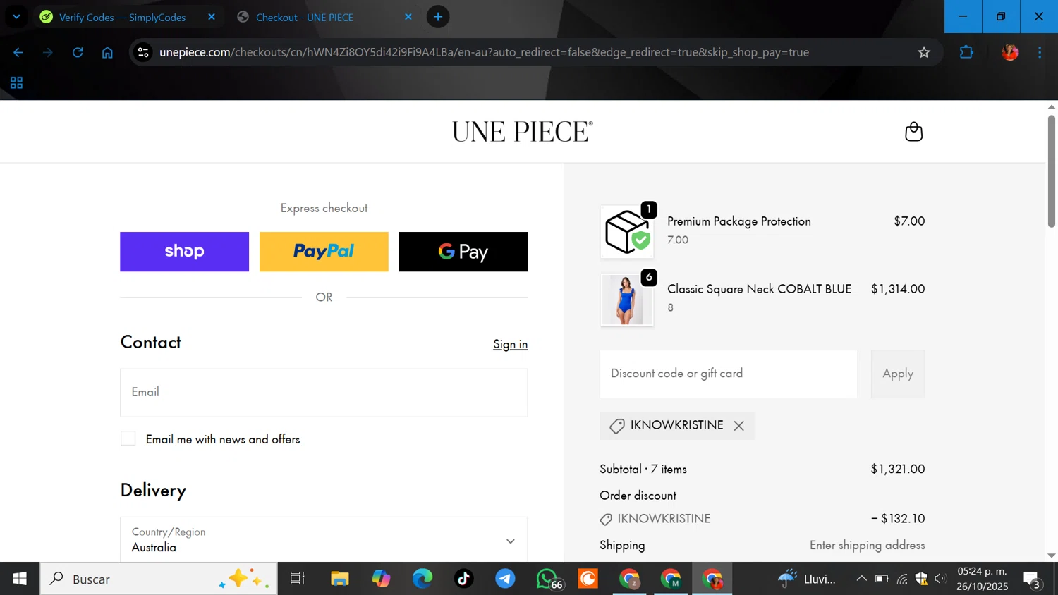 Une Piece discount code screenshot showing code IKNOWKRISTINE applied at Une Piece checkout page. Uploaded by SimplyCodes community member ELGOAT on Oct 26, 2025