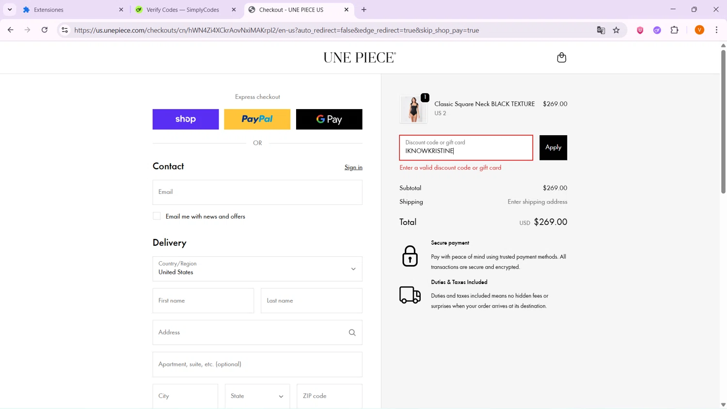 Une Piece discount code screenshot showing code IKNOWKRISTINE applied at Une Piece checkout page. Uploaded by SimplyCodes community member VoucherShopper4674 on Oct 26, 2025