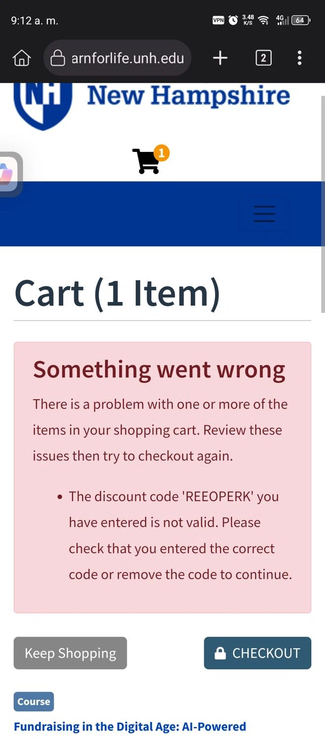 University of New Hampshire promo code screenshot showing code REEOPERK applied at University of New Hampshire checkout page. Uploaded by SimplyCodes community member Diego_Soto on Dec 20, 2025