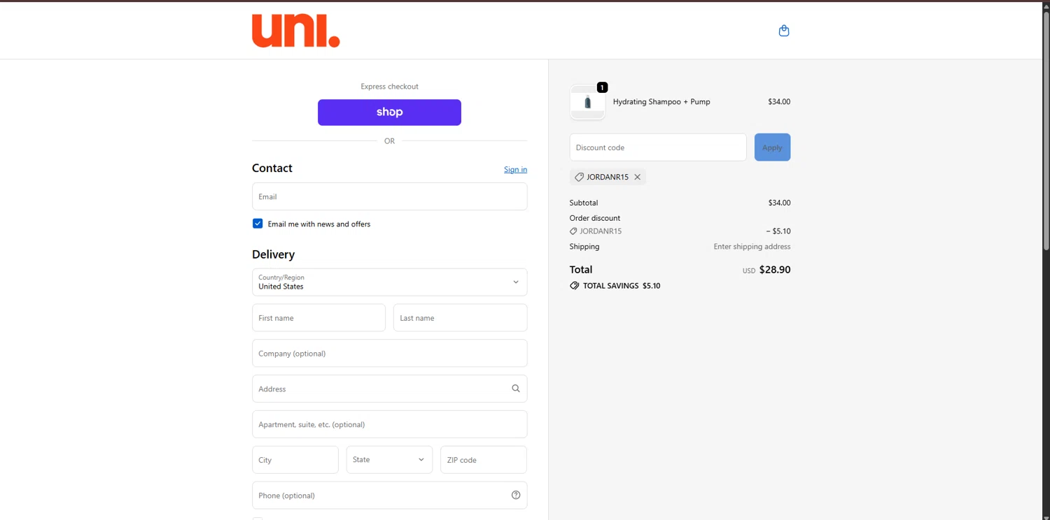 Uni discount code screenshot showing code jordanr15 applied at Uni checkout page. Uploaded by SimplyCodes community member CouponPro7532 on Oct 3, 2025