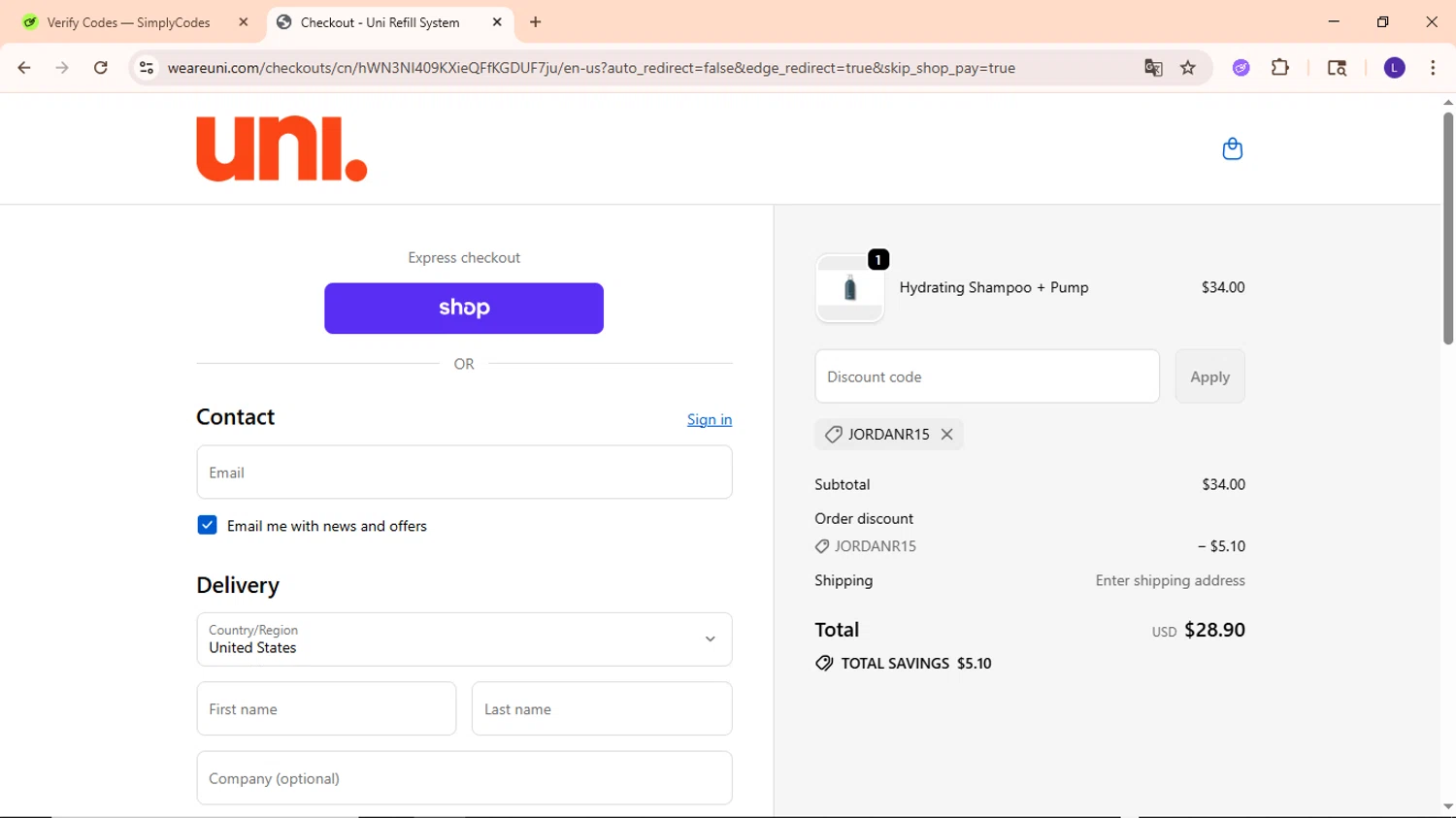 Uni discount code screenshot showing code jordanr15 applied at Uni checkout page. Uploaded by SimplyCodes community member EpicWarden3081 on Sep 25, 2025