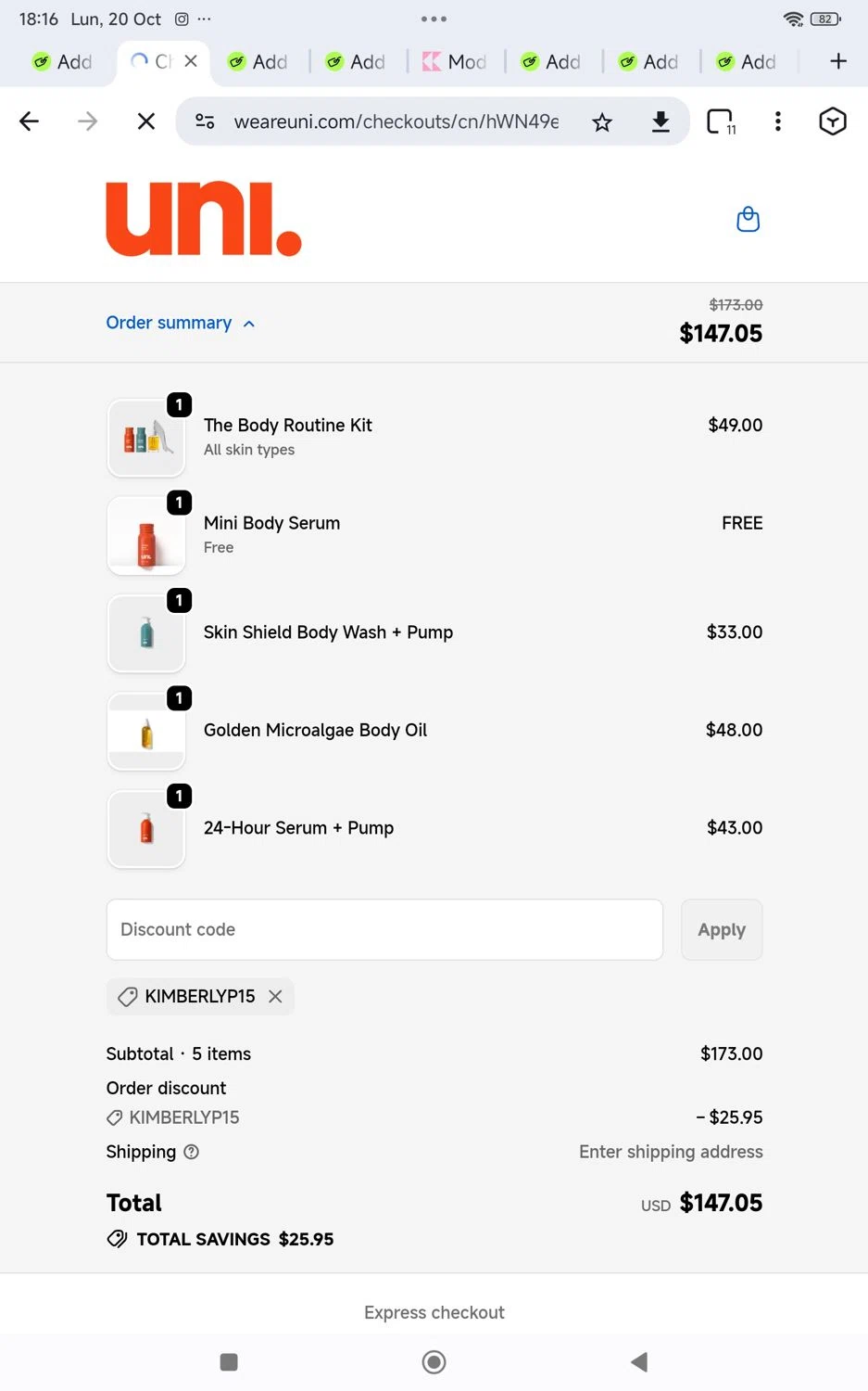 Uni discount code screenshot showing code Kimberlyp15 applied at Uni checkout page. Uploaded by SimplyCodes community member KarinaHZ on Oct 20, 2025