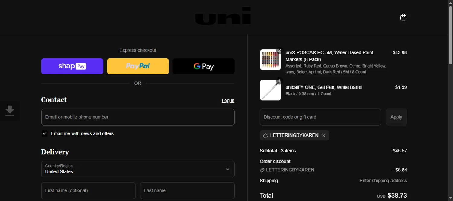 Uni-ball discount code screenshot showing code LetteringbyKaren applied at Uni-ball checkout page. Uploaded by SimplyCodes community member 111111 on Apr 25, 2025