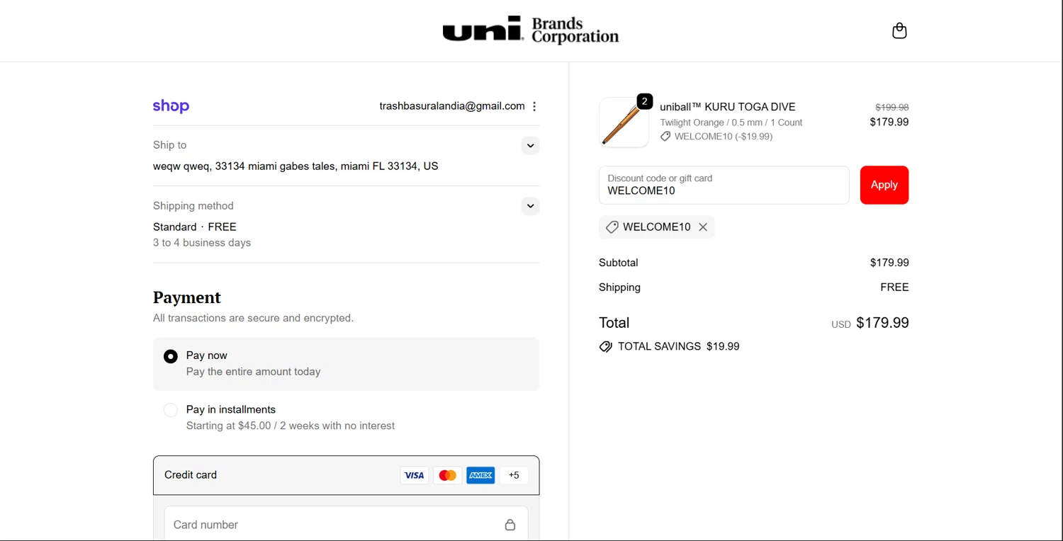 Uni-ball discount code screenshot showing code WELCOME10 applied at Uni-ball checkout page. Uploaded by SimplyCodes community member ArthurMorgan on Sep 20, 2025