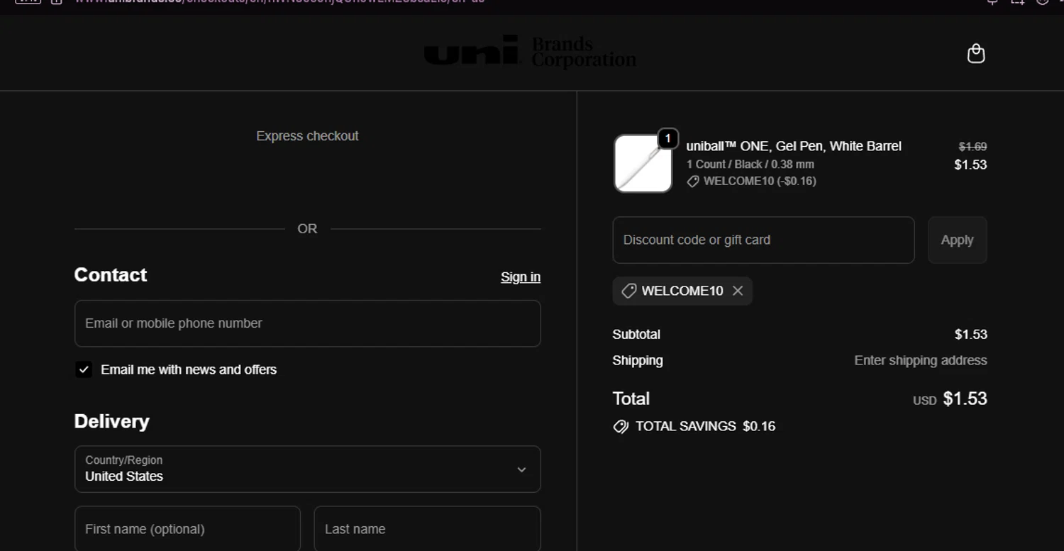 Uni-ball discount code screenshot showing code WELCOME10 applied at Uni-ball checkout page. Uploaded by SimplyCodes community member chepipi on Oct 6, 2025