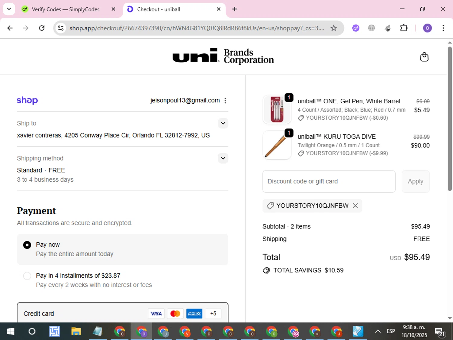 Uni-ball discount code screenshot showing code YOURSTORY10QjnFBw applied at Uni-ball checkout page. Uploaded by SimplyCodes community member CleverLynx8245 on Oct 18, 2025