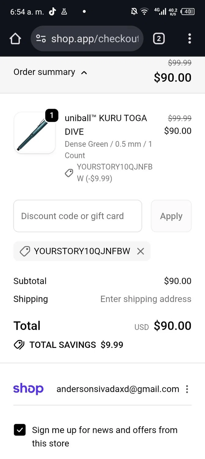 Uni-ball discount code screenshot showing code YOURSTORY10QjnFBw applied at Uni-ball checkout page. Uploaded by SimplyCodes community member Xx_Cogeburras3000_xX on Nov 14, 2025