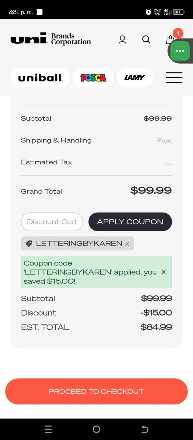 Uni-ball checkout page showing Uni-ball discount code box | Screenshot taken by SimplyCodes community member on Feb 4, 2026