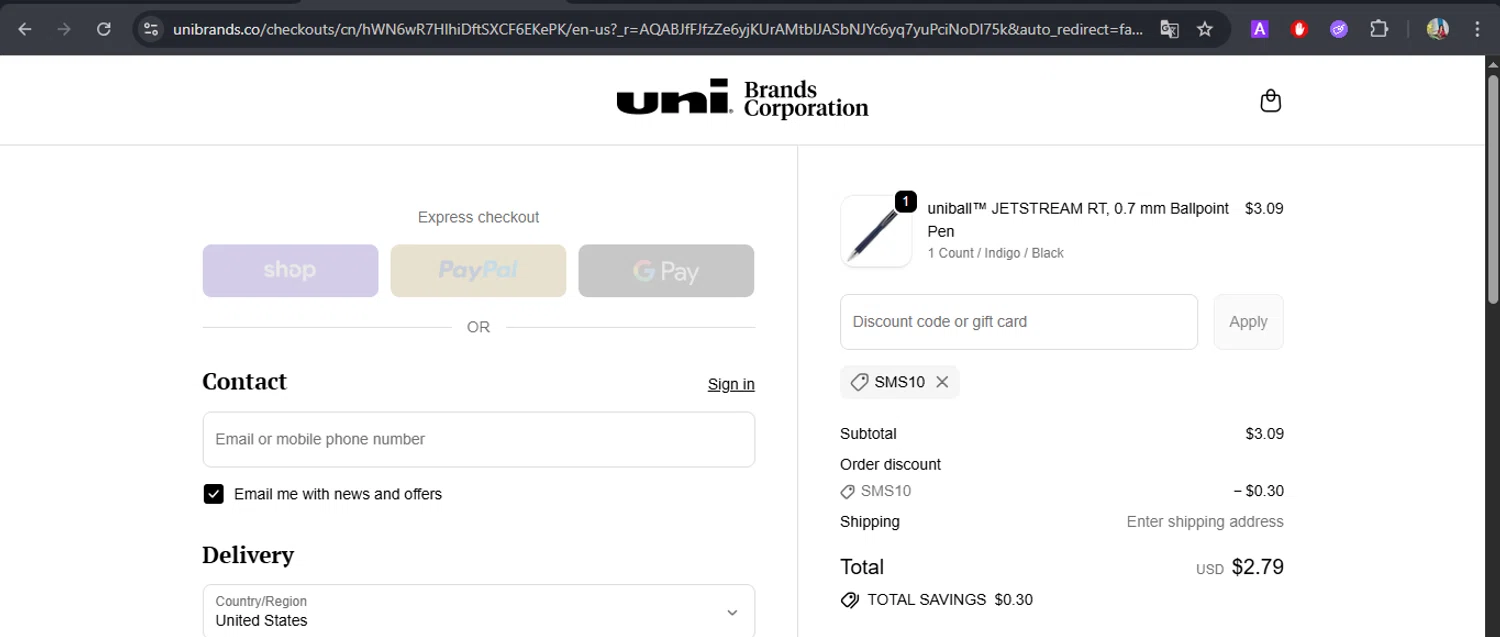 Uni-ball discount code screenshot showing code SMS10 applied at Uni-ball checkout page. Uploaded by SimplyCodes community member BrilliantFox7966 on Dec 28, 2025