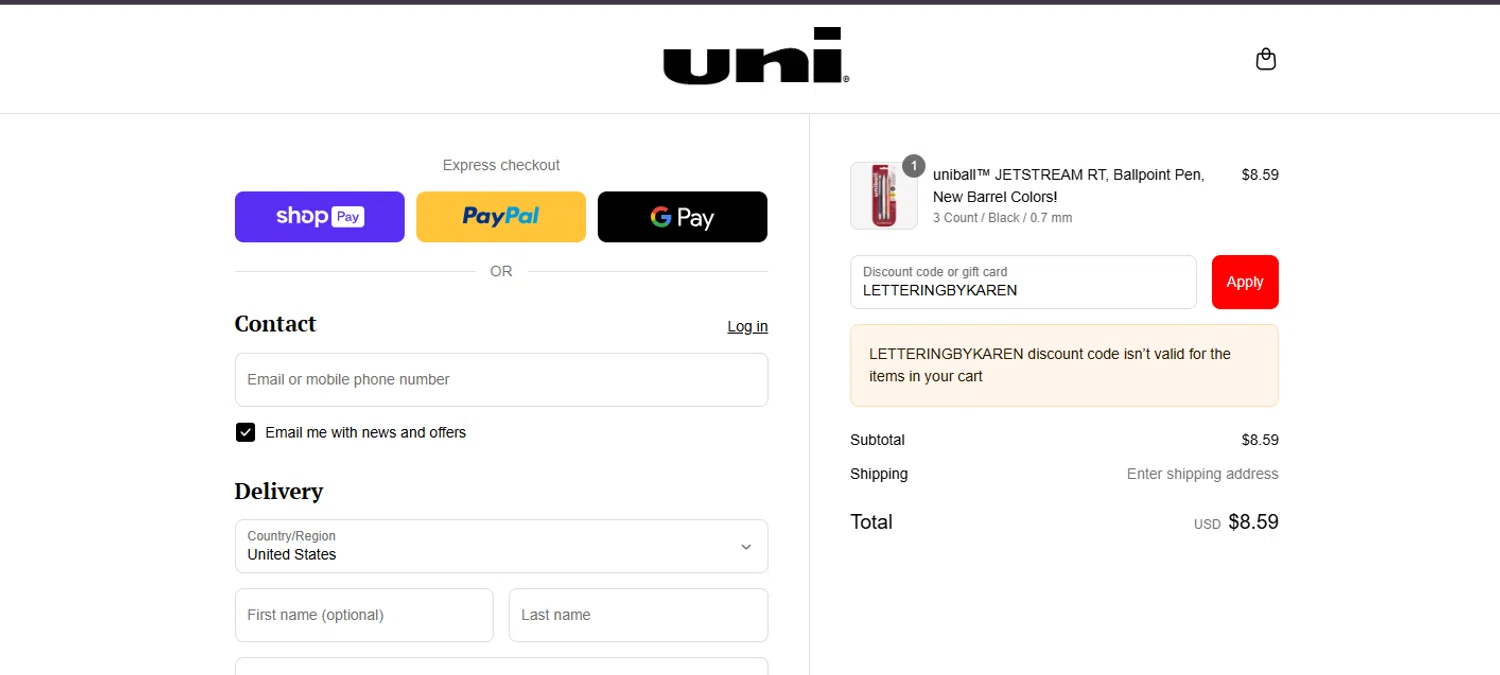 Uni-ball discount code screenshot showing code LETTERINGBYKAREN applied at Uni-ball checkout page. Uploaded by SimplyCodes community member ashe1986 on Jul 29, 2025