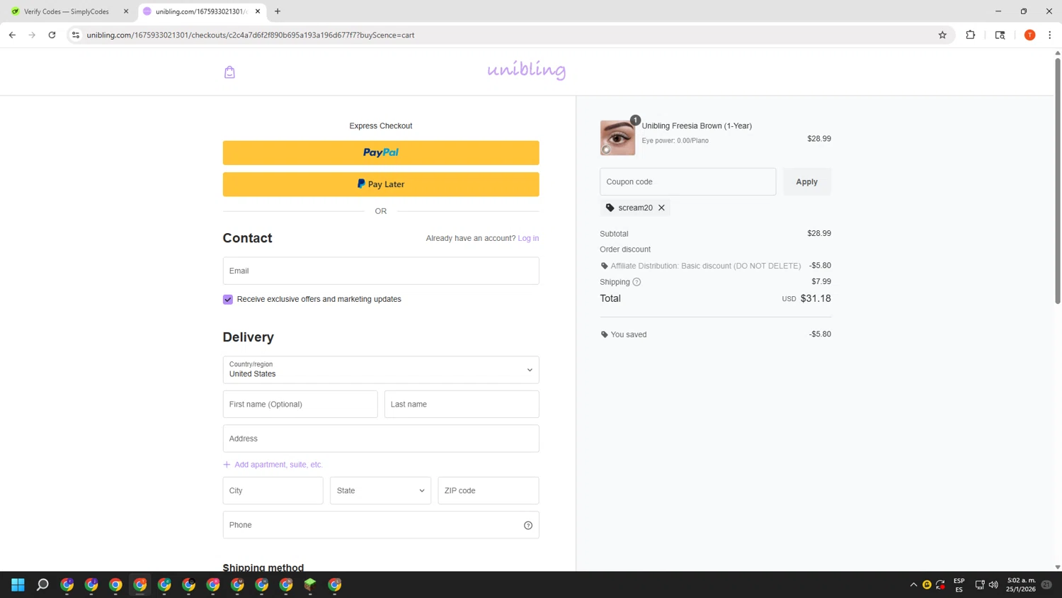 Unibling checkout page showing Unibling coupon code box | Screenshot taken by SimplyCodes community member on Jan 25, 2026
