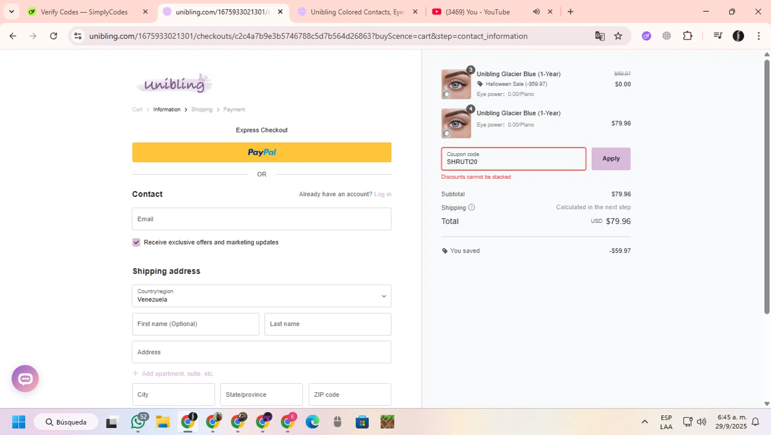 Unibling coupon code screenshot showing code SHRUTI20 applied at Unibling checkout page. Uploaded by SimplyCodes community member ChinoYugiXD on Sep 29, 2025