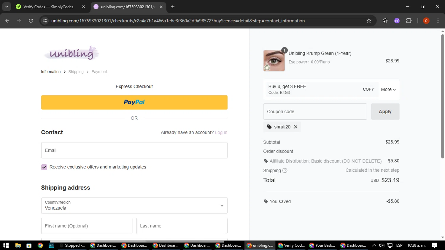 Unibling coupon code screenshot showing code SHRUTI20 applied at Unibling checkout page. Uploaded by SimplyCodes community member CleverSpotter3730 on Aug 2, 2025