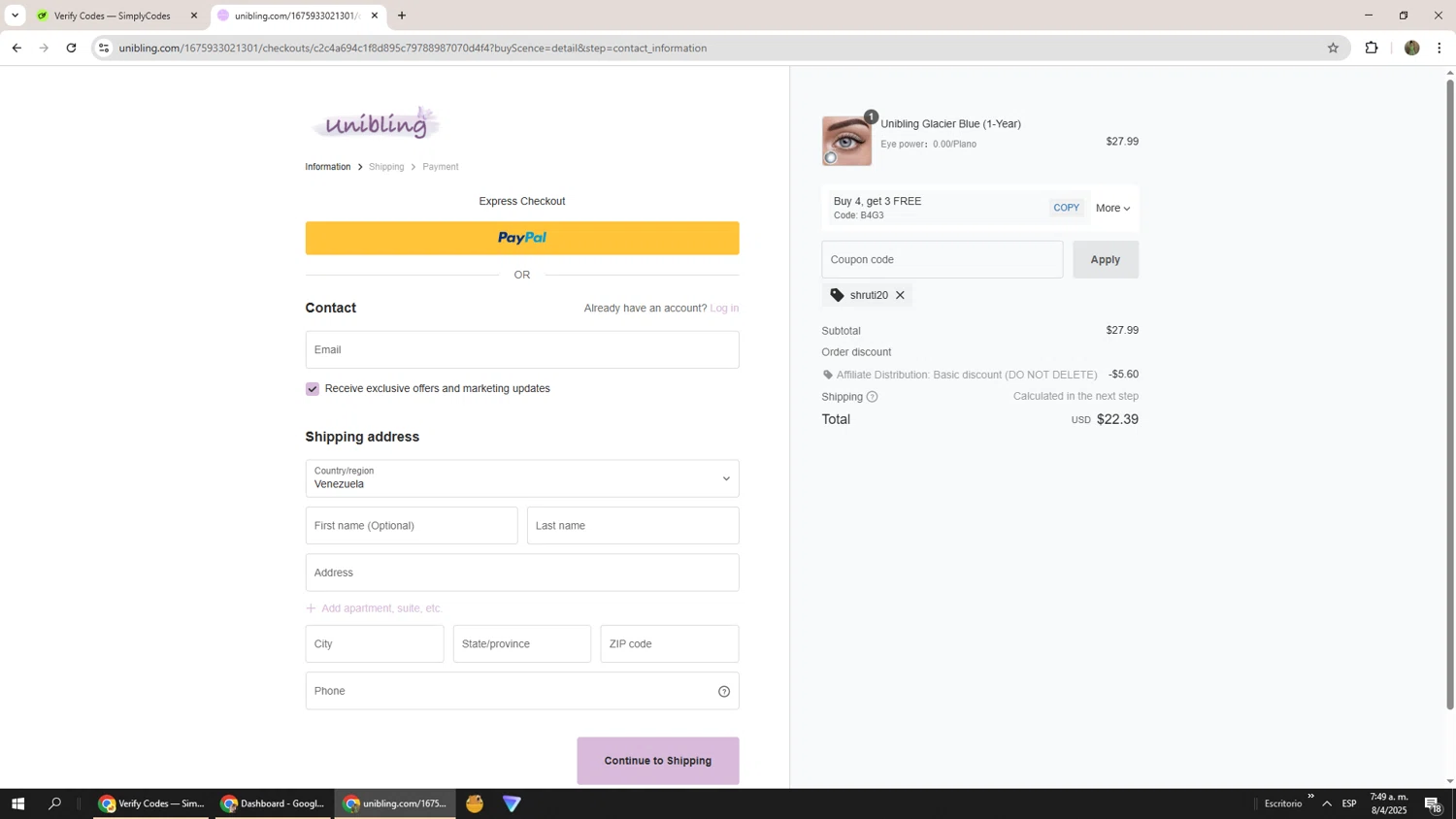 Unibling coupon code screenshot showing code SHRUTI20 applied at Unibling checkout page. Uploaded by SimplyCodes community member Phoenix585 on Apr 8, 2025