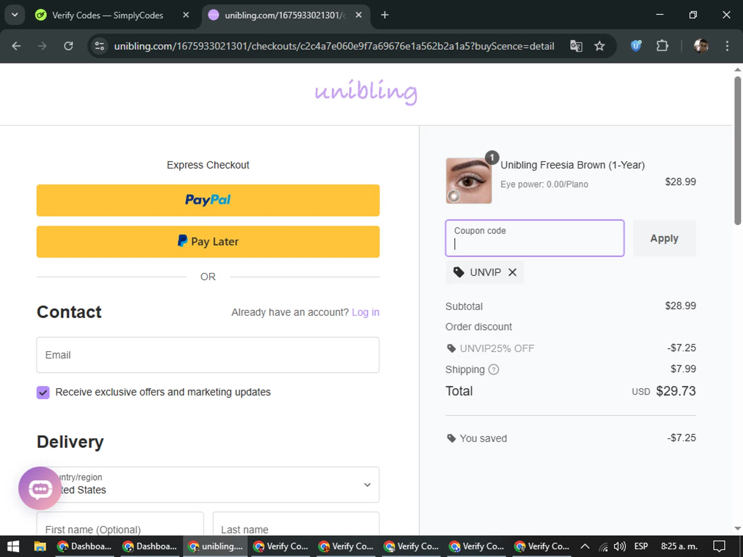 Unibling coupon code screenshot showing code UNVIP applied at Unibling checkout page. Uploaded by SimplyCodes community member DiscountSeeker682 on Feb 22, 2026