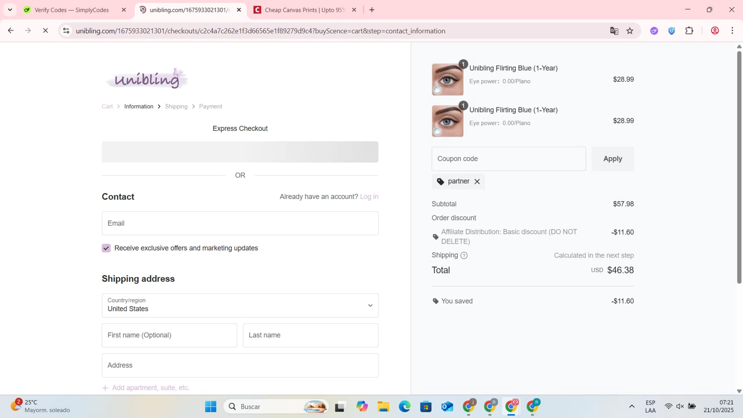 Unibling coupon code screenshot showing code partner applied at Unibling checkout page. Uploaded by SimplyCodes community member MightyMaestro2589 on Oct 21, 2025