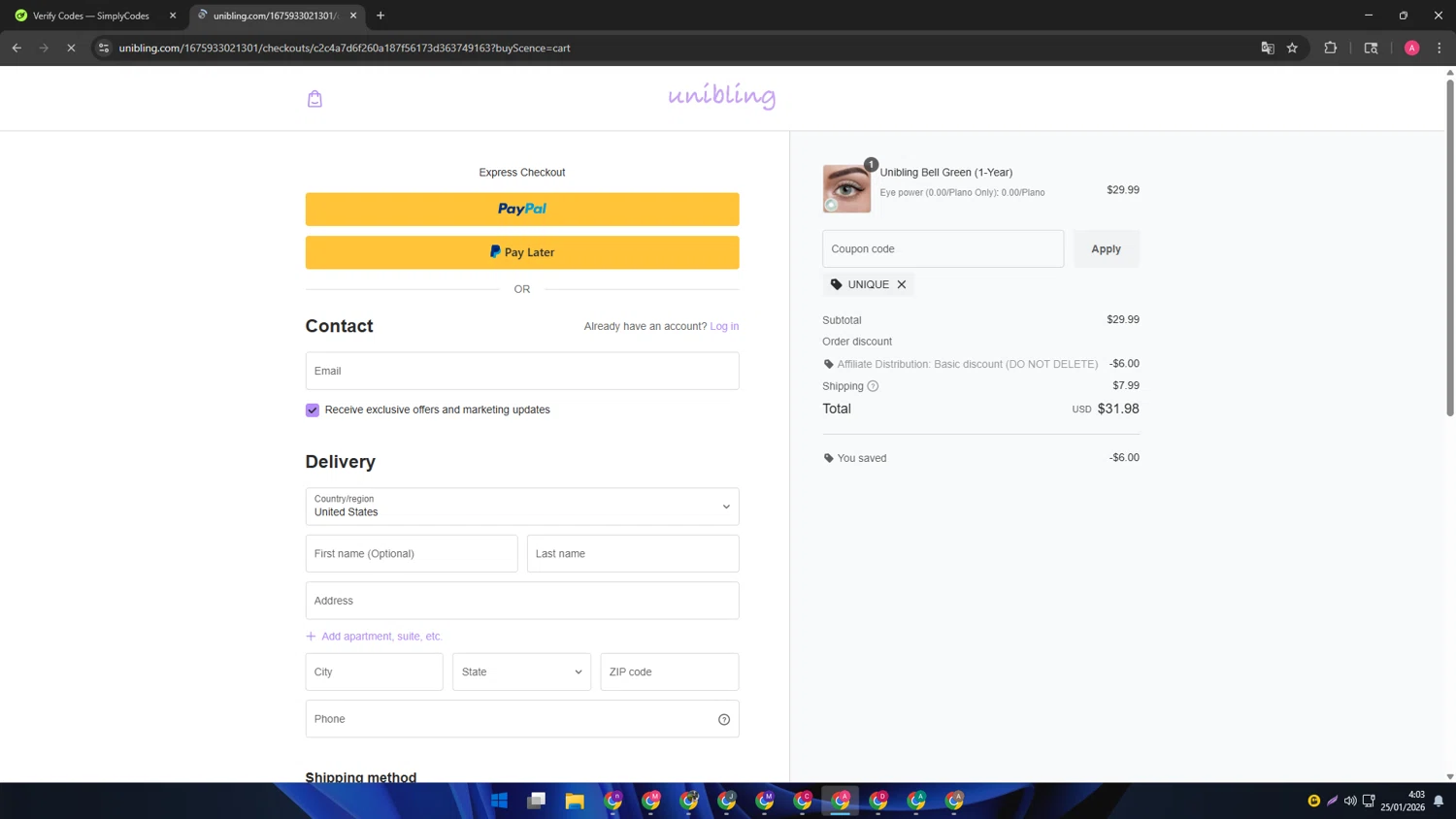Unibling checkout page showing Unibling coupon code box | Screenshot taken by SimplyCodes community member on Jan 25, 2026