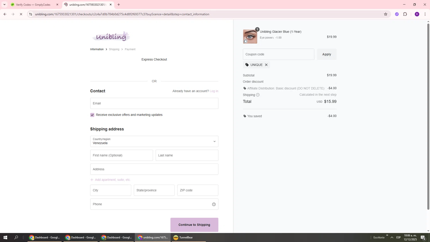 Unibling coupon code screenshot showing code UNIQUE applied at Unibling checkout page. Uploaded by SimplyCodes community member ukemochi on Dec 12, 2025
