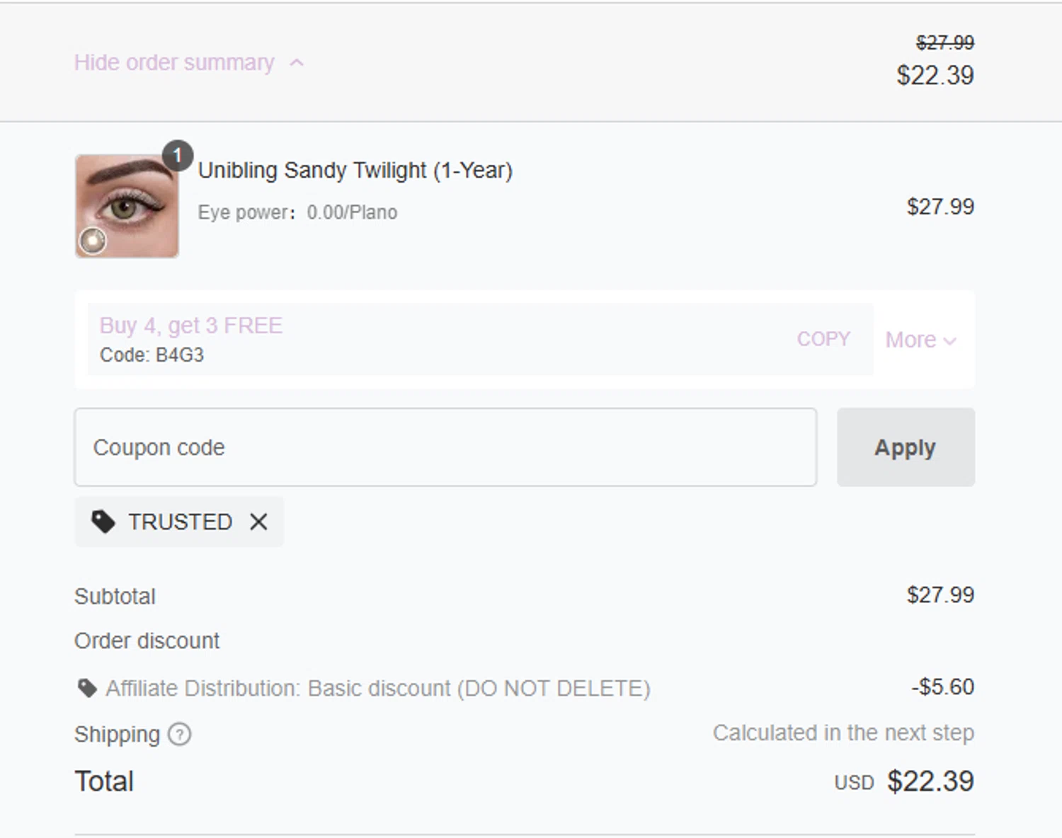 Unibling coupon code screenshot showing code TRUSTED applied at Unibling checkout page. Uploaded by SimplyCodes community member Javierp on Jun 23, 2025