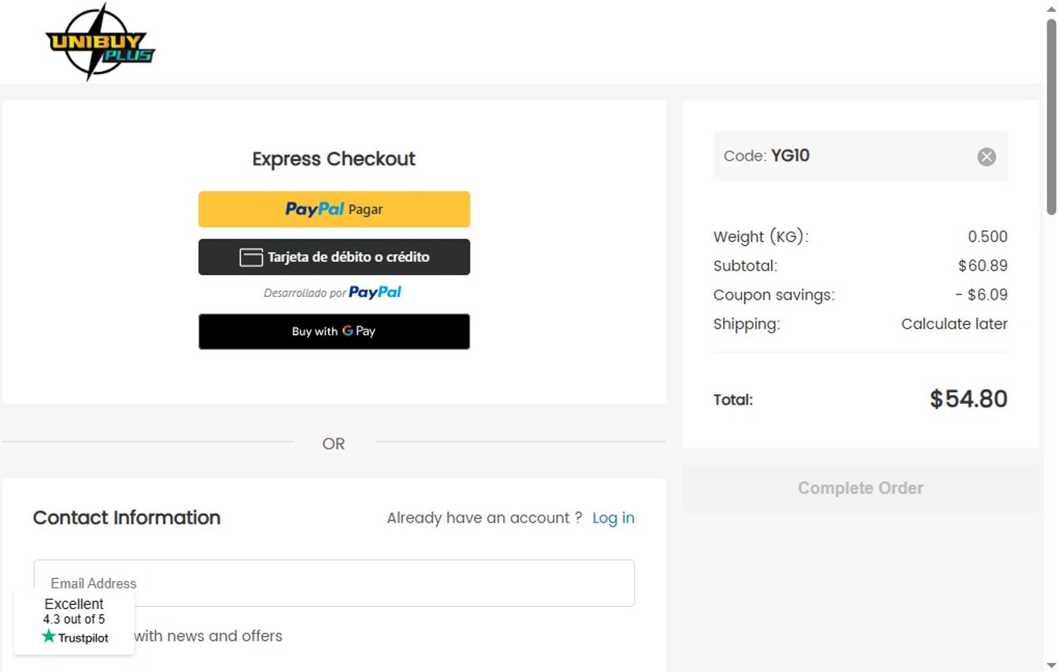 UnibuyPlus coupon code screenshot showing code YG10 applied at UnibuyPlus checkout page. Uploaded by SimplyCodes community member MagnificentFalcon188 on Apr 1, 2025