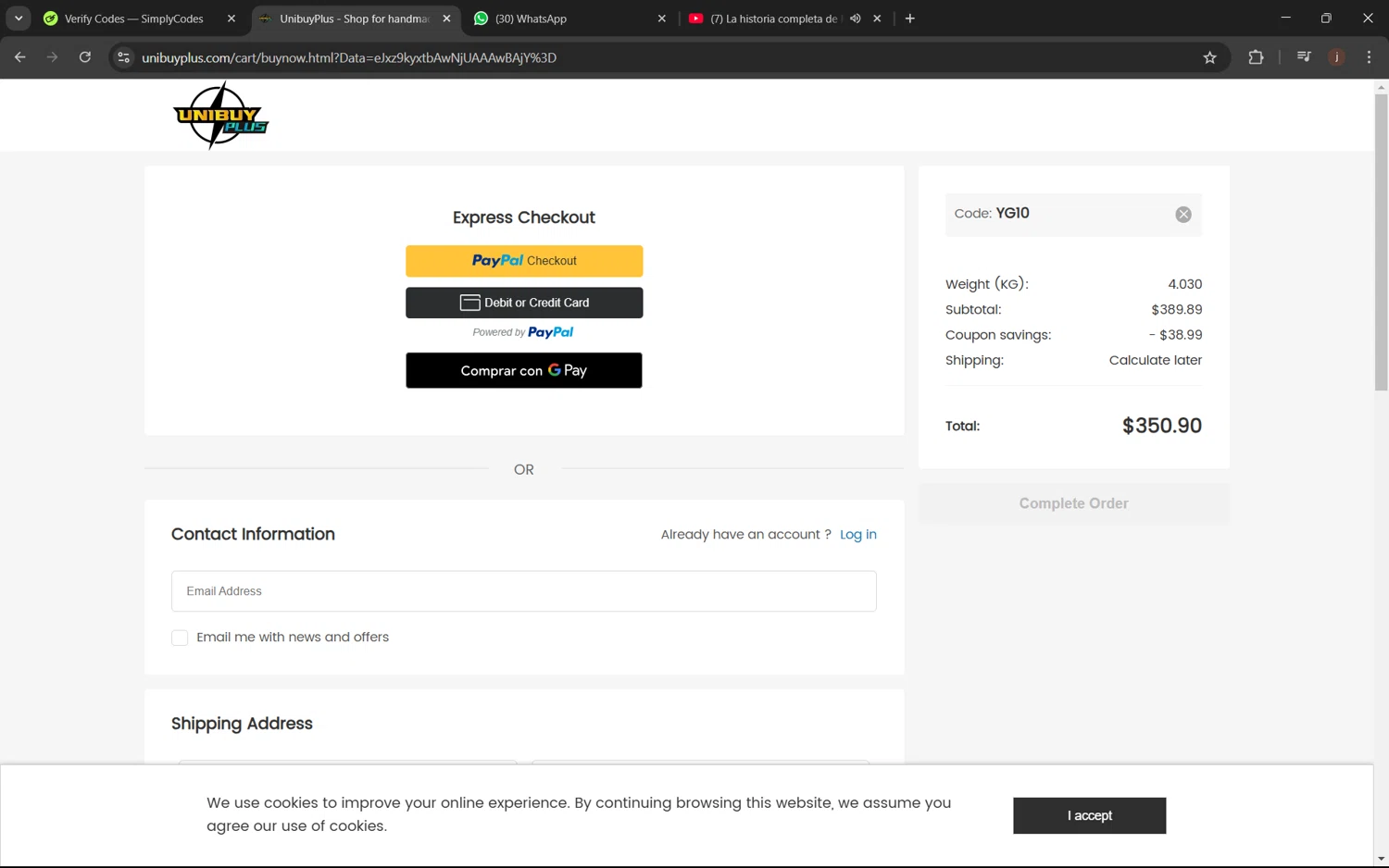 UnibuyPlus coupon code screenshot showing code YG10 applied at UnibuyPlus checkout page. Uploaded by SimplyCodes community member juanx1702 on Feb 14, 2025