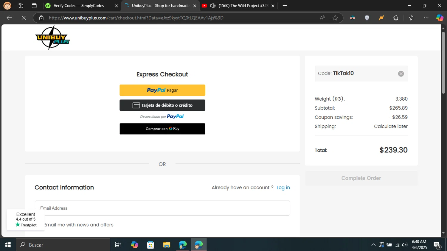 UnibuyPlus coupon code screenshot showing code TikTok10 applied at UnibuyPlus checkout page. Uploaded by SimplyCodes community member Blackleg_Sanji on Apr 6, 2025