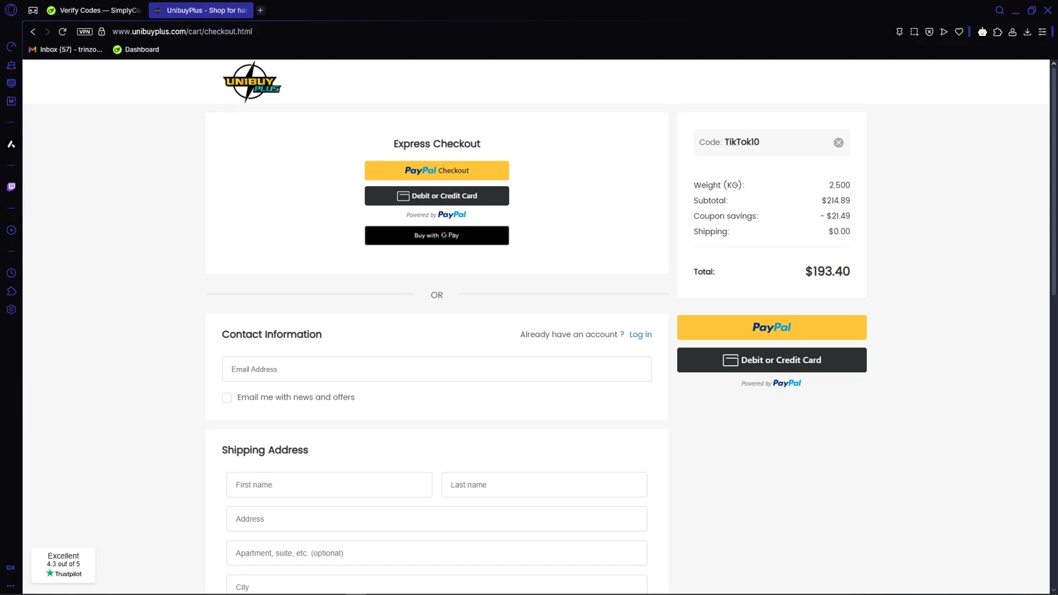 UnibuyPlus coupon code screenshot showing code TikTok10 applied at UnibuyPlus checkout page. Uploaded by SimplyCodes community member VictoriousCaptain3902 on May 5, 2025