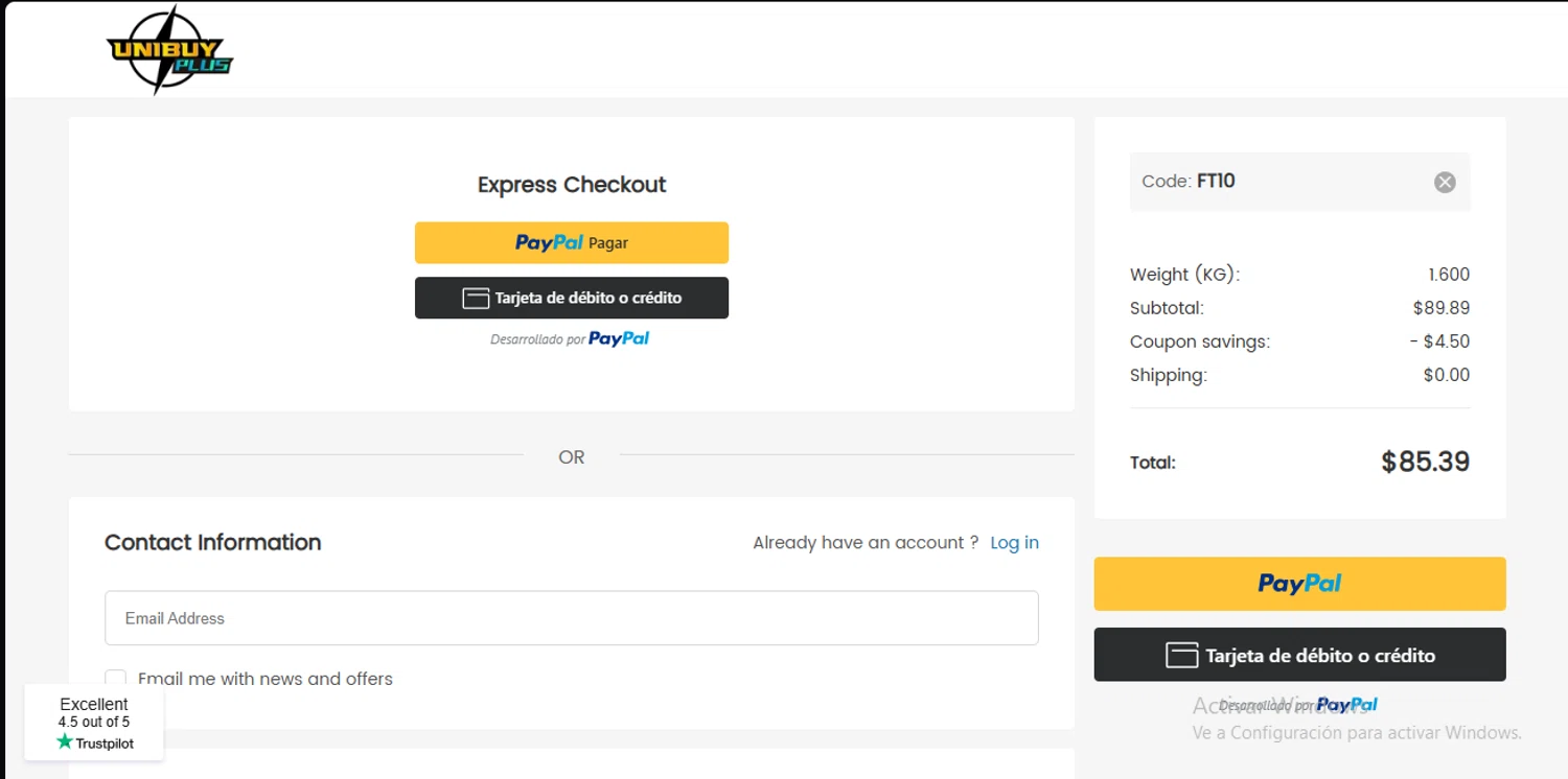 UnibuyPlus coupon code screenshot showing code FT10 applied at UnibuyPlus checkout page. Uploaded by SimplyCodes community member GoldSeeker7901 on Oct 29, 2025