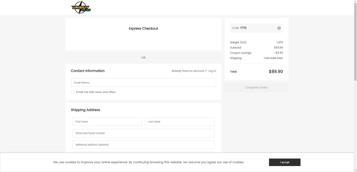 UnibuyPlus coupon code screenshot showing code FT10 applied at UnibuyPlus checkout page. Uploaded by SimplyCodes community member RewardTitan728 on Jul 5, 2025