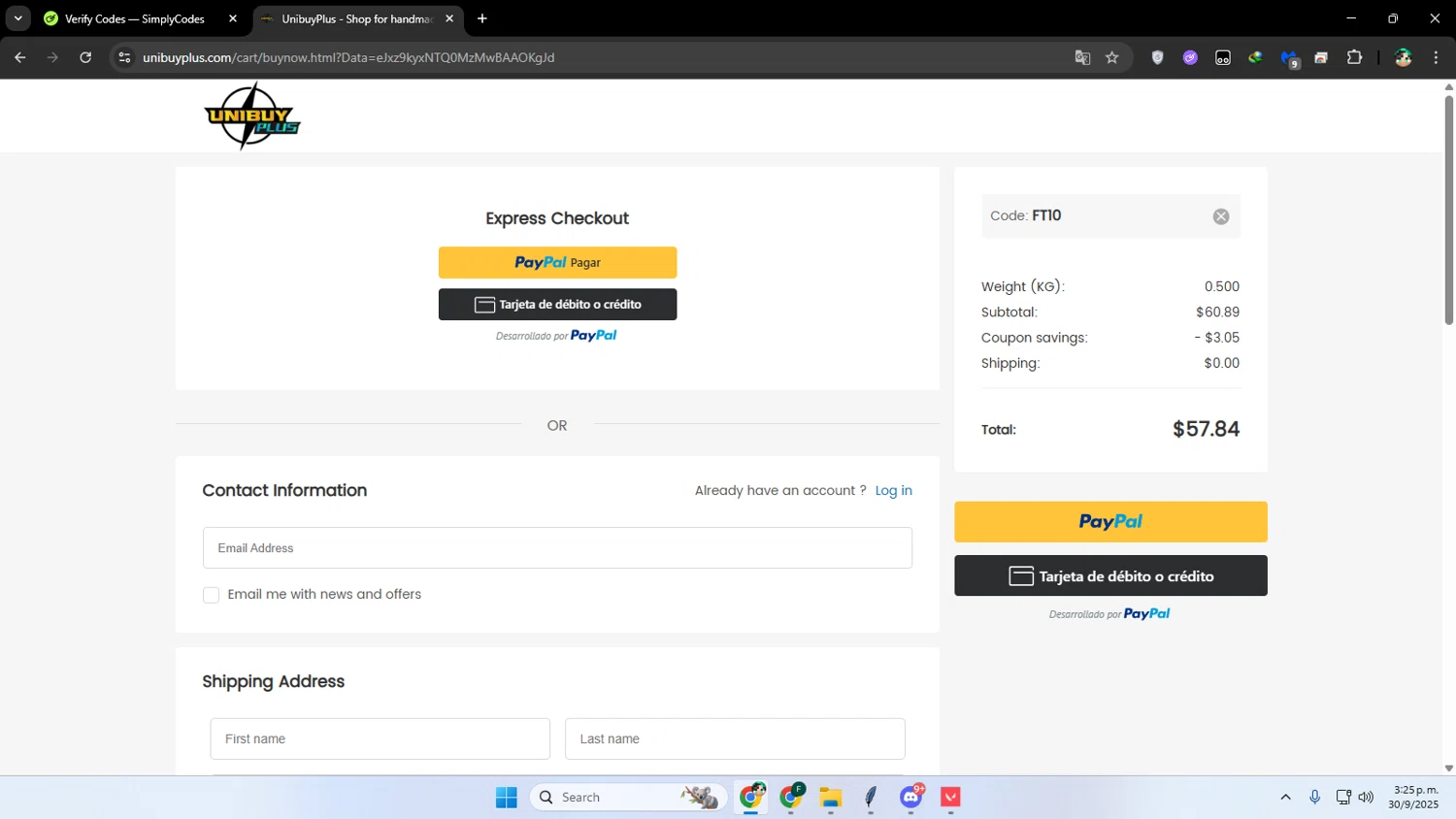 UnibuyPlus coupon code screenshot showing code FT10 applied at UnibuyPlus checkout page. Uploaded by SimplyCodes community member franalepe on Sep 30, 2025