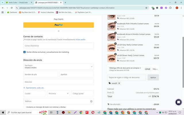 Unicoeye checkout page showing Unicoeye coupon code box | Screenshot taken by SimplyCodes community member on Aug 24, 2025