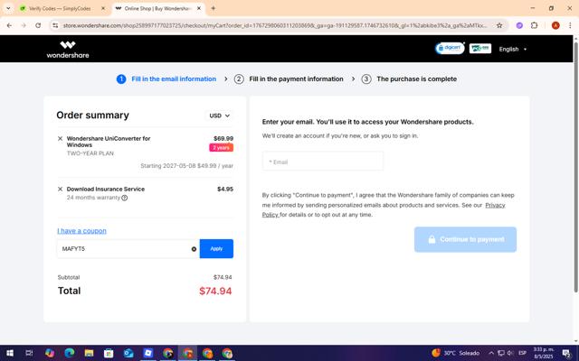 Wondershare UniConverter checkout page showing Wondershare UniConverter promo code box | Screenshot taken by SimplyCodes community member on May 8, 2025