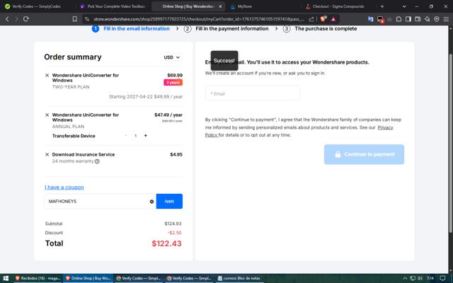 Wondershare UniConverter checkout page showing Wondershare UniConverter promo code box | Screenshot taken by SimplyCodes community member on Apr 22, 2025