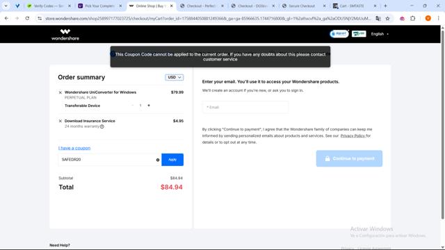 Wondershare UniConverter checkout page showing Wondershare UniConverter promo code box | Screenshot taken by SimplyCodes community member on Apr 15, 2025