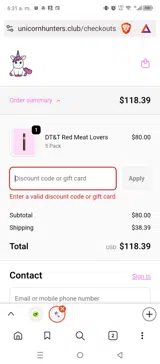 Unicorn Hunters Club coupon verification screenshot