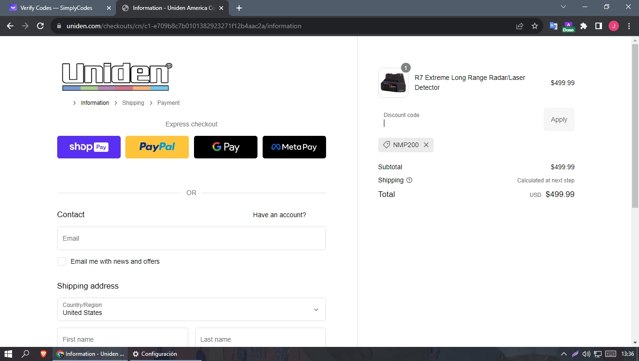 Uniden checkout page showing Uniden discount code box | Screenshot taken by SimplyCodes community member on Aug 7, 2023