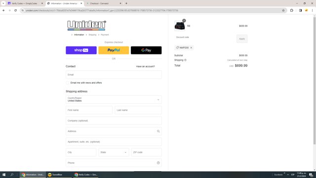 Uniden checkout page showing Uniden discount code box | Screenshot taken by SimplyCodes community member on Feb 22, 2024