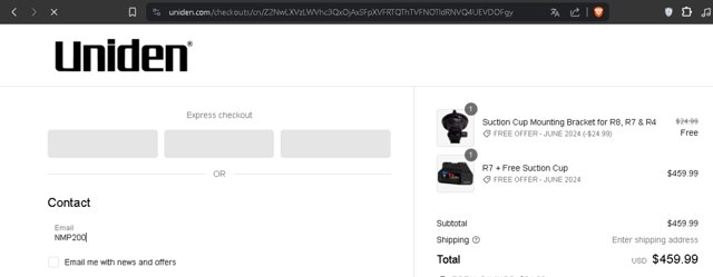 Uniden checkout page showing Uniden discount code box | Screenshot taken by SimplyCodes community member on Jun 8, 2024