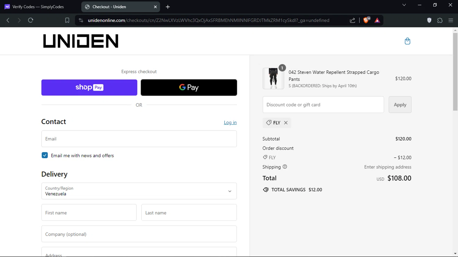 Uniden Online checkout page showing Uniden Online promo code box | Screenshot taken by SimplyCodes community member on Mar 31, 2024