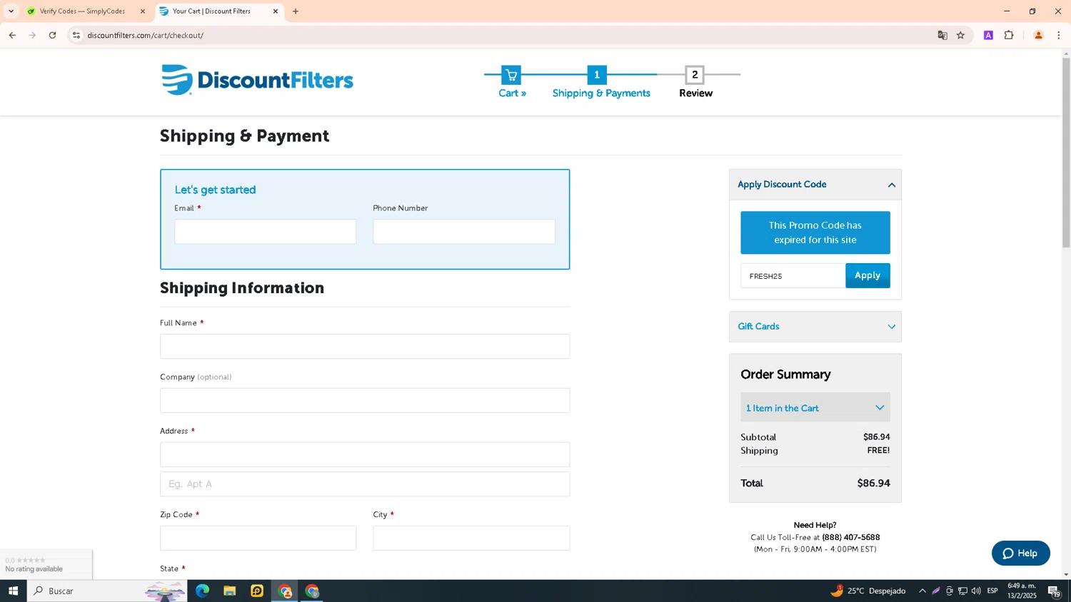 Uniden Online promo code screenshot showing code FLY applied at Uniden Online checkout page. Uploaded by SimplyCodes community member Jvllsk1 on Feb 13, 2025