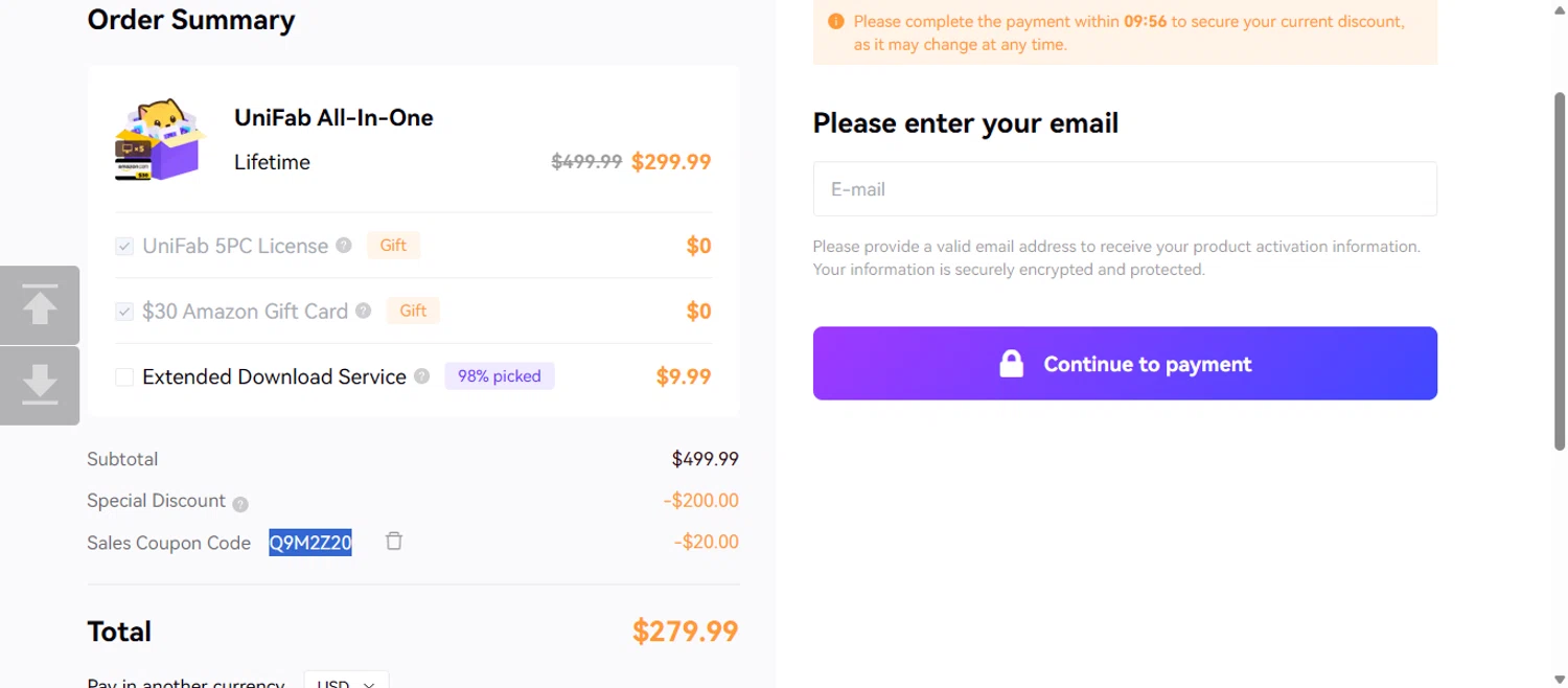UniFab promo code screenshot showing code Q9M2Z20 applied at UniFab checkout page. Uploaded by SimplyCodes community member 111111 on Nov 26, 2025