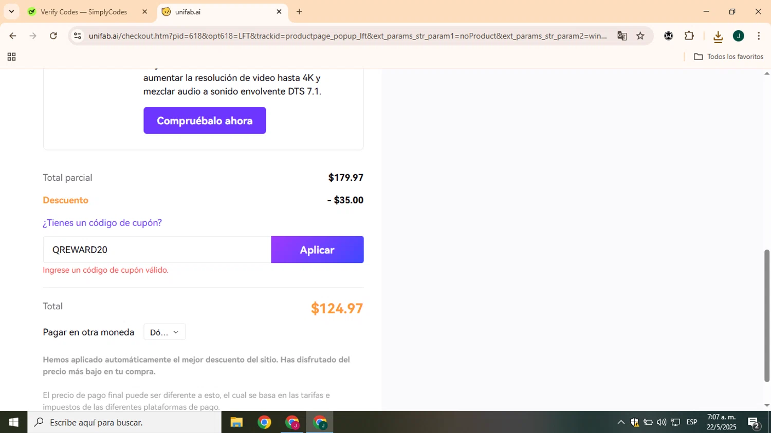 UniFab promo code screenshot showing code QREWARD20 applied at UniFab checkout page. Uploaded by SimplyCodes community member CrownOwl1879 on May 22, 2025