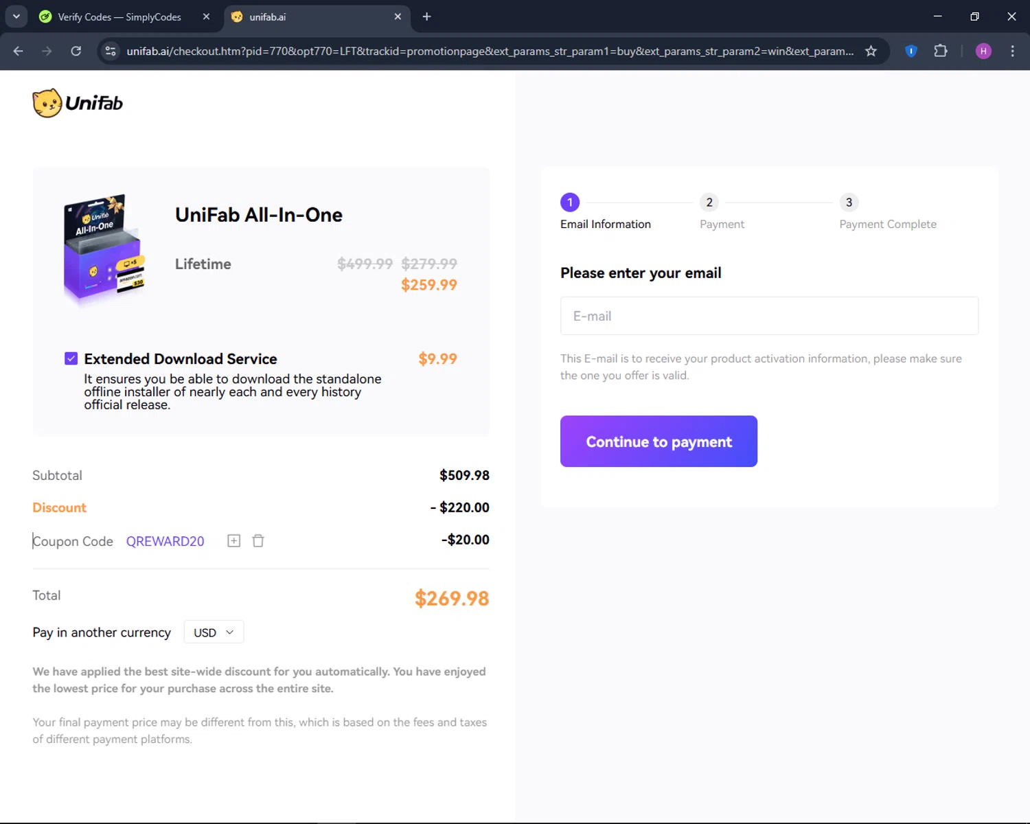 UniFab checkout page showing UniFab promo code box | Screenshot taken by SimplyCodes community member on Apr 23, 2025