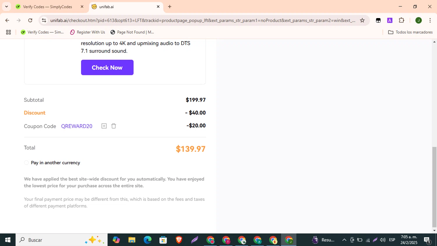 UniFab checkout page showing UniFab promo code box | Screenshot taken by SimplyCodes community member on Feb 24, 2025