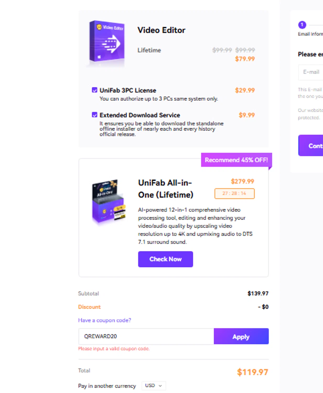 UniFab promo code screenshot showing code QREWARD20 applied at UniFab checkout page. Uploaded by SimplyCodes community member Toundjiale on Jun 20, 2025