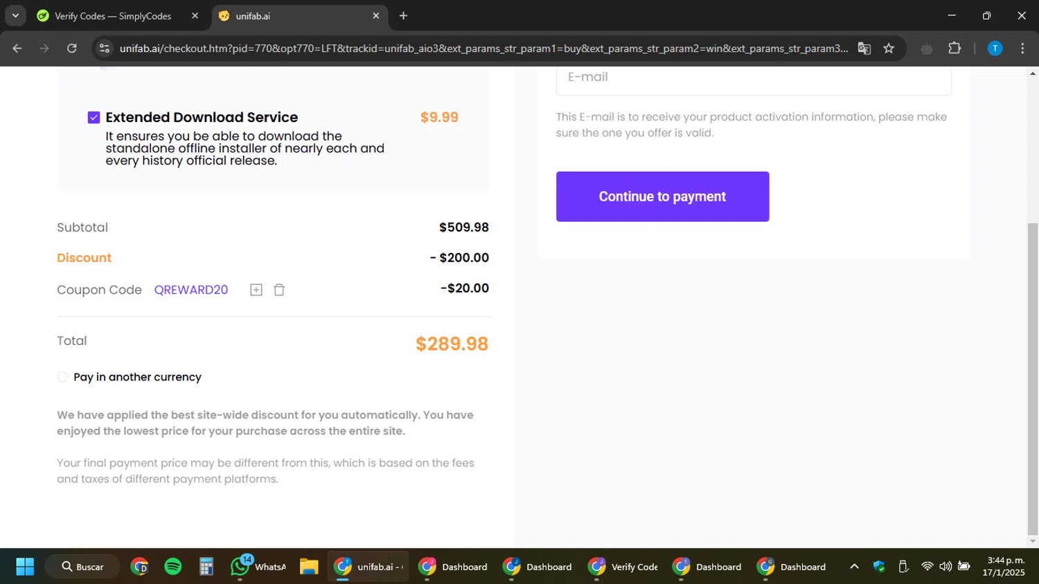UniFab checkout page showing UniFab promo code box | Screenshot taken by SimplyCodes community member on Jan 17, 2025