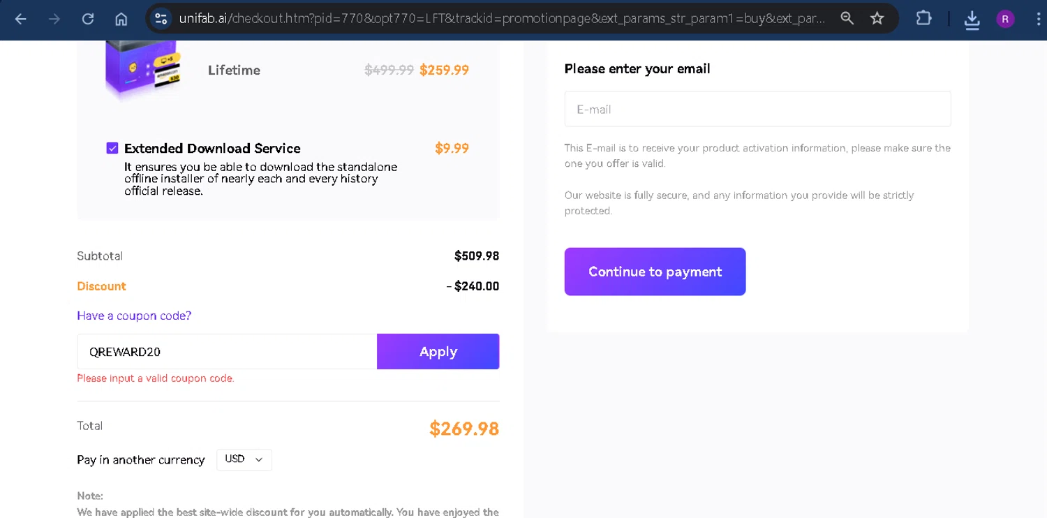 UniFab promo code screenshot showing code QREWARD20 applied at UniFab checkout page. Uploaded by SimplyCodes community member rapc3030 on Jun 20, 2025